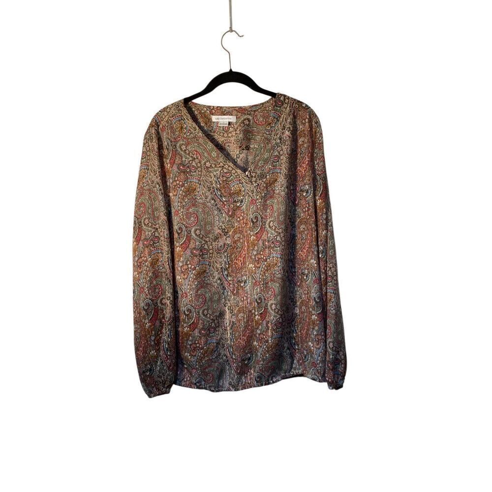 Liz, Claiborne, women’s paisley print, metallic thread, blouse, two piece LT